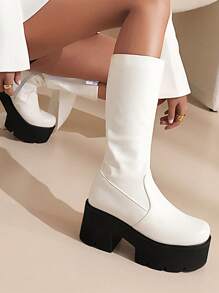Giày bốt co giãn bó đơn giản đa năng mùa thu/đông mới, giày bốt đế dày đế xuồng cao đến giữa bắp chân hợp thời trang - trắng - Xem 2