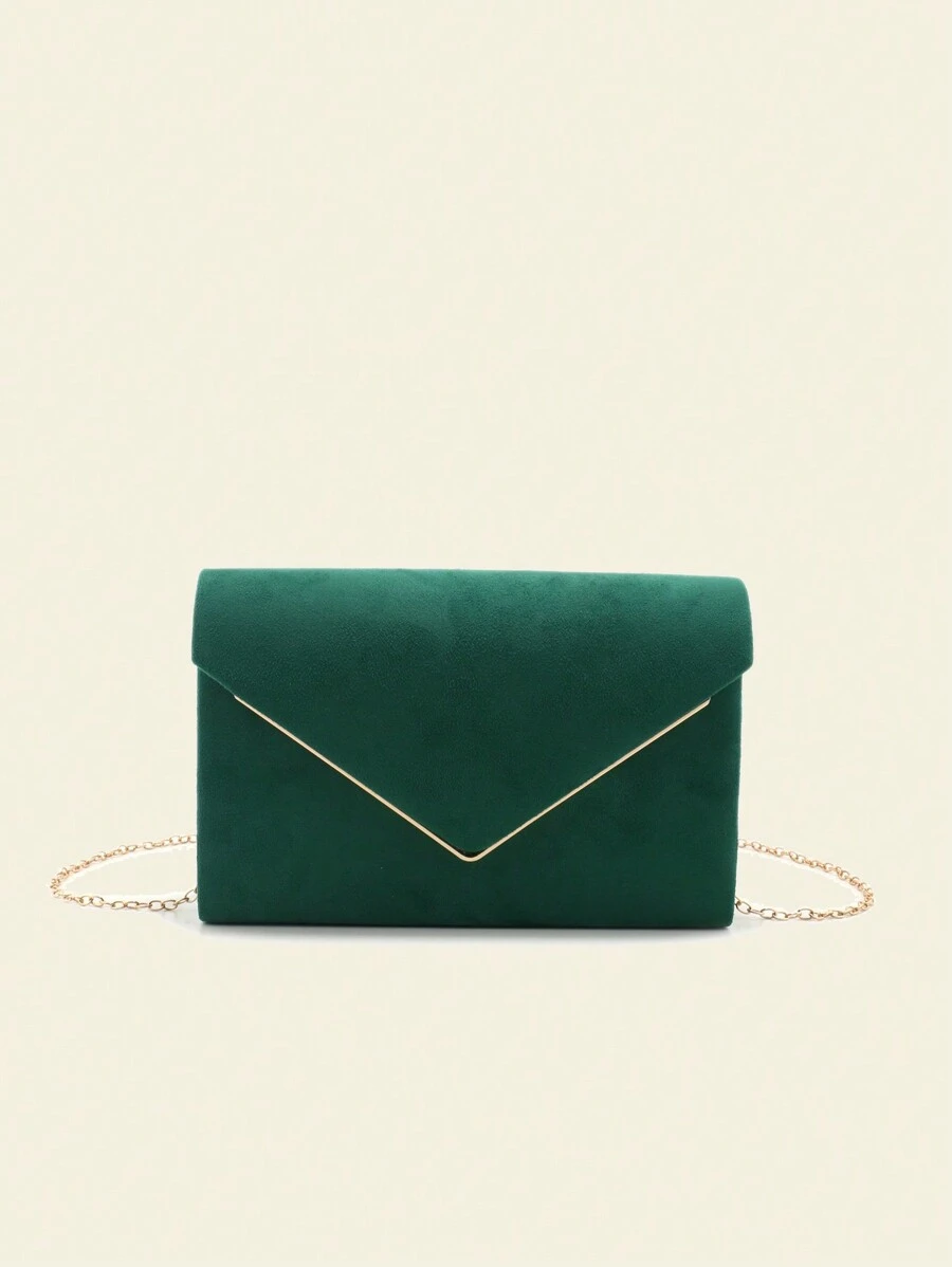 Green Women's Envelope Design Evening Bag, Party/Wedding Clutch With Chain Strap, Velvet Fashion Wallet - Green - View 1
