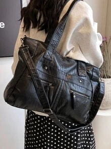 Túi Tote thời trang đa năng họa tiết da cá sấu dành cho nữ, sức chứa lớn, thiết kế nhiều ngăn, khóa kéo, quai xách đôi, dây đeo vai/đeo chéo, mềm mại, thích hợp để đi mua sắm, đi học, đi làm, đựng vừa máy tính xách tay và sách khổ A4 - màu đen - Xem 4