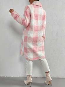 Women's Autumn & Winter Single-Breasted Lapel Plush Plaid Coat, Loose Long Overcoat, Long-Sleeved Outerwear