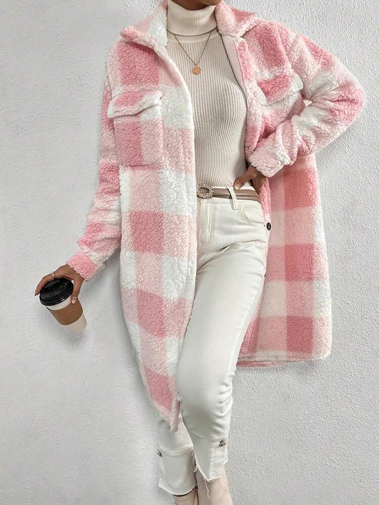 Women's Autumn & Winter Single-Breasted Lapel Plush Plaid Coat, Loose Long Overcoat, Long-Sleeved Outerwear - Pink - View 3