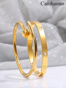 Camhanno 2 piezas de un elegante y de moda conjunto de pulsera de acero inoxidable con estampado de flor de ciruelo y flor de cuatro pétalos, adecuado para regalar a novias durante fiestas, San Valentín, mamá, madre, Día de la Madre - Dorado - Ver 10