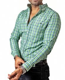 Camisa Hombre Casual Mini Cuadros Verdes, Blancos - Verde - Ver 3