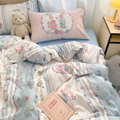 4pcs Rabbit Print Bedding Set, Soft & Easy-To-Clean Polyester Fabric Cute Cartoon Pattern Duvet Cover 1+1+2 For Children & Teenagers Over 7 Years Old (No Filler) Love Valentine