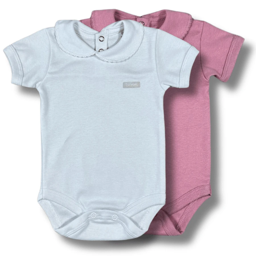 KIT 2 Short Baby Bodysuit With Pink And White Doll Collar 100% Premium Cotton - 藕粉色 - 查看 1