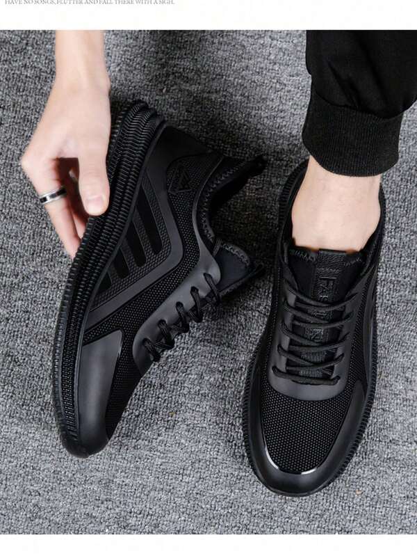 Hombres Zapatos de atletismo transpirable con estampado de letra con cordón delantero deportivo exterior de tela,Zapatos Deportivos Impermeables Antideslizantes Para Hombre, Ropa Informal De Otoño/invierno, Zapatos Para Correr, Negro, Cuatro Estaciones