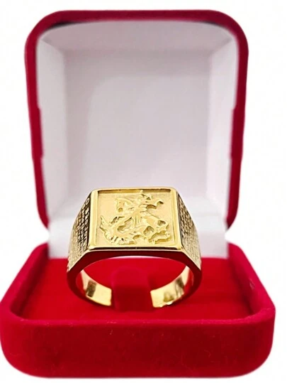 Anel Masculino De Aço Inoxidável Banhado A Ouro Saint George