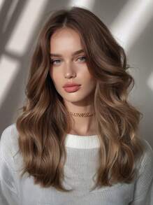 22inch Mocha Brown Medium Wavy Layered Wigs Dark Root Hair Wigs For Women Synthetic Fiber Hair Replacement Wigs For Daily Party Cosplay Use Halloween - Màu nâu  Mocha - Xem 1