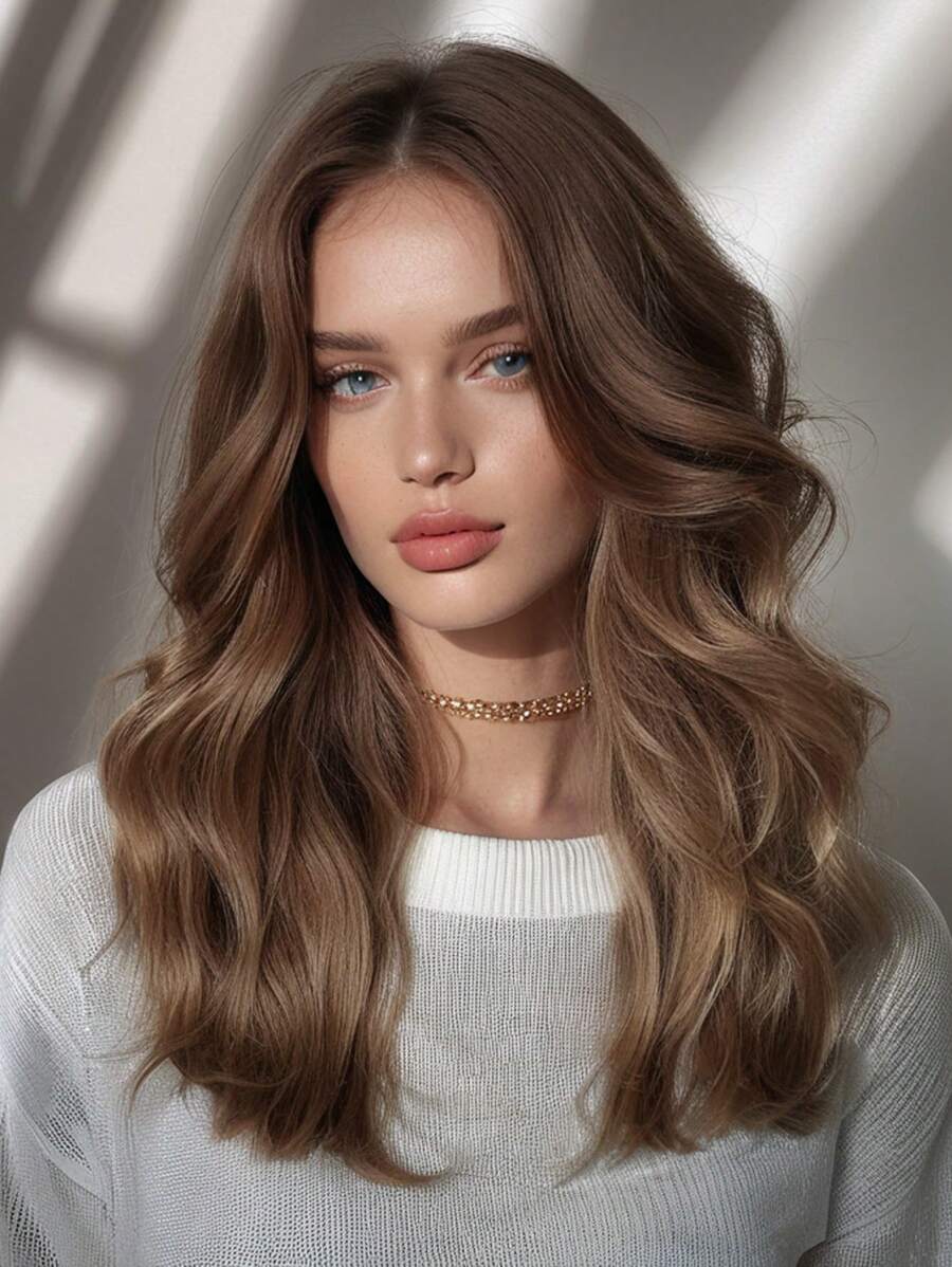 22inch Mocha Brown Medium Wavy Layered Wigs Dark Root Hair Wigs For Women Synthetic Fiber Hair Replacement Wigs For Daily Party Cosplay Use Halloween - Màu nâu Mocha - Xem 1