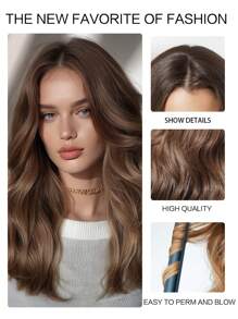 22inch Mocha Brown Medium Wavy Layered Wigs Dark Root Hair Wigs For Women Synthetic Fiber Hair Replacement Wigs For Daily Party Cosplay Use Halloween - Màu nâu  Mocha - Xem 6