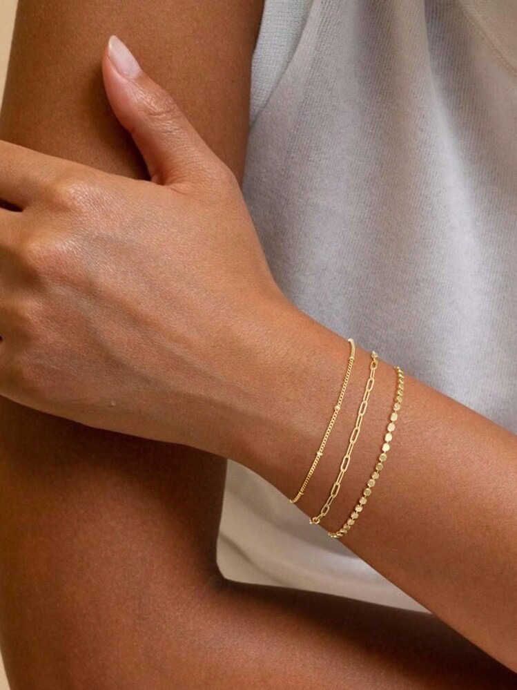 5pcs/Set Elegant Stackable Gold Tone Bracelets, Minimalist Style, Suitable For Women (Bead Quantity On Chain Is Random, Length Is Fixed) - Gold 5-pack - View 3