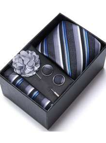 AlanKing 1 set de corbata, pañuelo de bolsillo, gemelos y broche con diseño de flor dorado para hombre, para fiestas/festivales