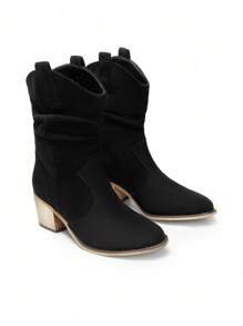 Women's Slip-On Western Boots Classic Fashion Wood Grain Bottom Mid-Tube Chunky Heel With Pull Tab Winter  Ankle Boots - 黑色絨面革 - 查看 2