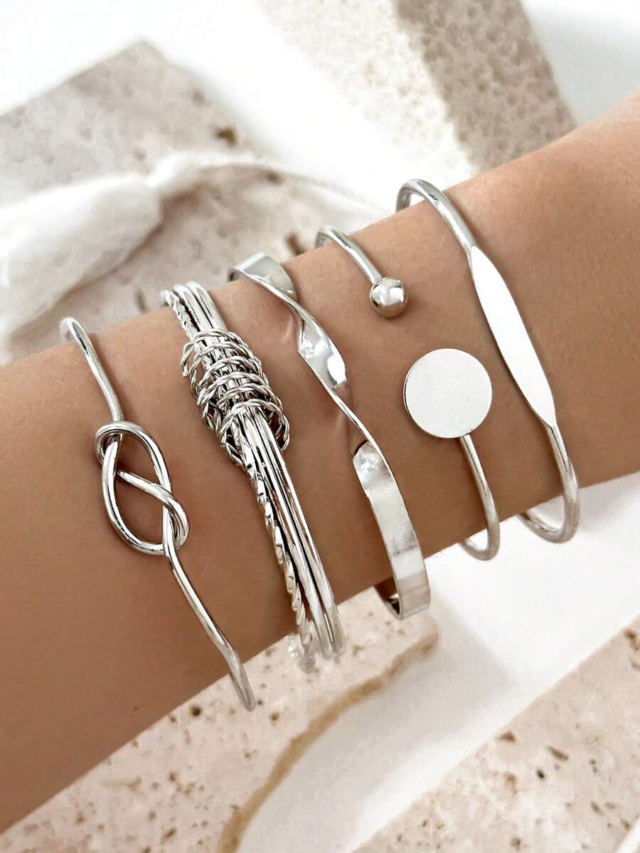 5pcs Fashion Vintage Round & Knot Decor Cuff Bangle For Women Jewelry Accessories