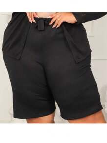 Plus Size Bermuda Shorts Women's Ribbed Knit - 黑色 - 查看 1
