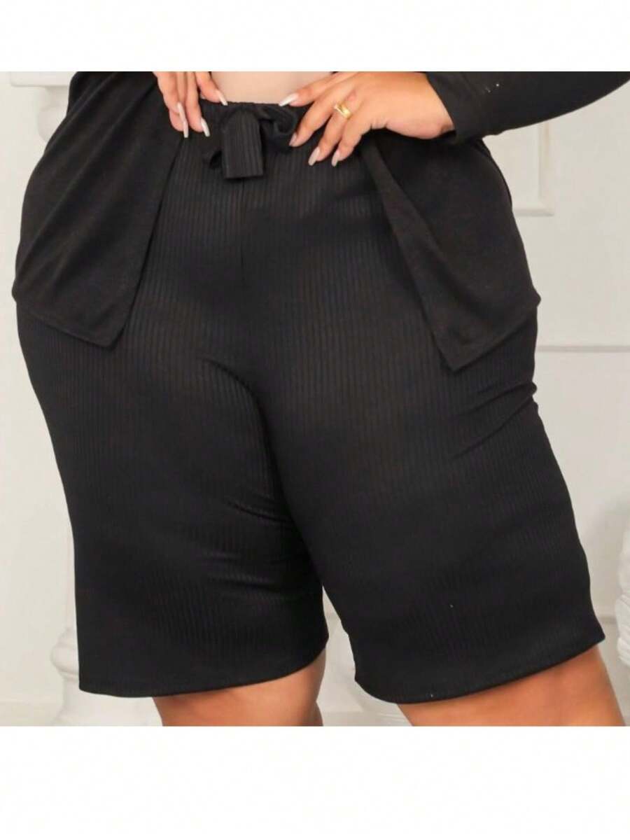 Plus Size Bermuda Shorts Women's Ribbed Knit - 黑色 - 查看 1