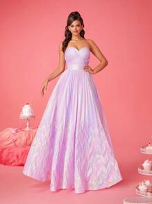 Smilprince Vestido largo elegante de línea A sin tirantes iridiscente de color lila, vestido de gala con pliegues brillantes de longitud hasta el piso, vestido formal para mujer para fiestas, bodas y eventos de noche