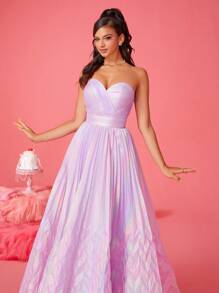 Smilprince Vestido largo elegante de línea A sin tirantes iridiscente de color lila, vestido de gala con pliegues brillantes de longitud hasta el piso, vestido formal para mujer para fiestas, bodas y eventos de noche