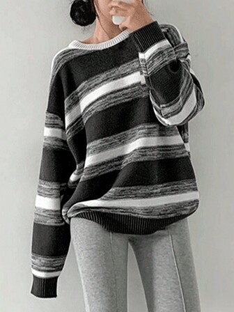 Warm Crew Neck Striped Print Long Sleeve Casual Sweater
