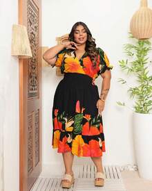 Plus Size Midi Dress Tropical Print Summer - màu đen - Xem 2
