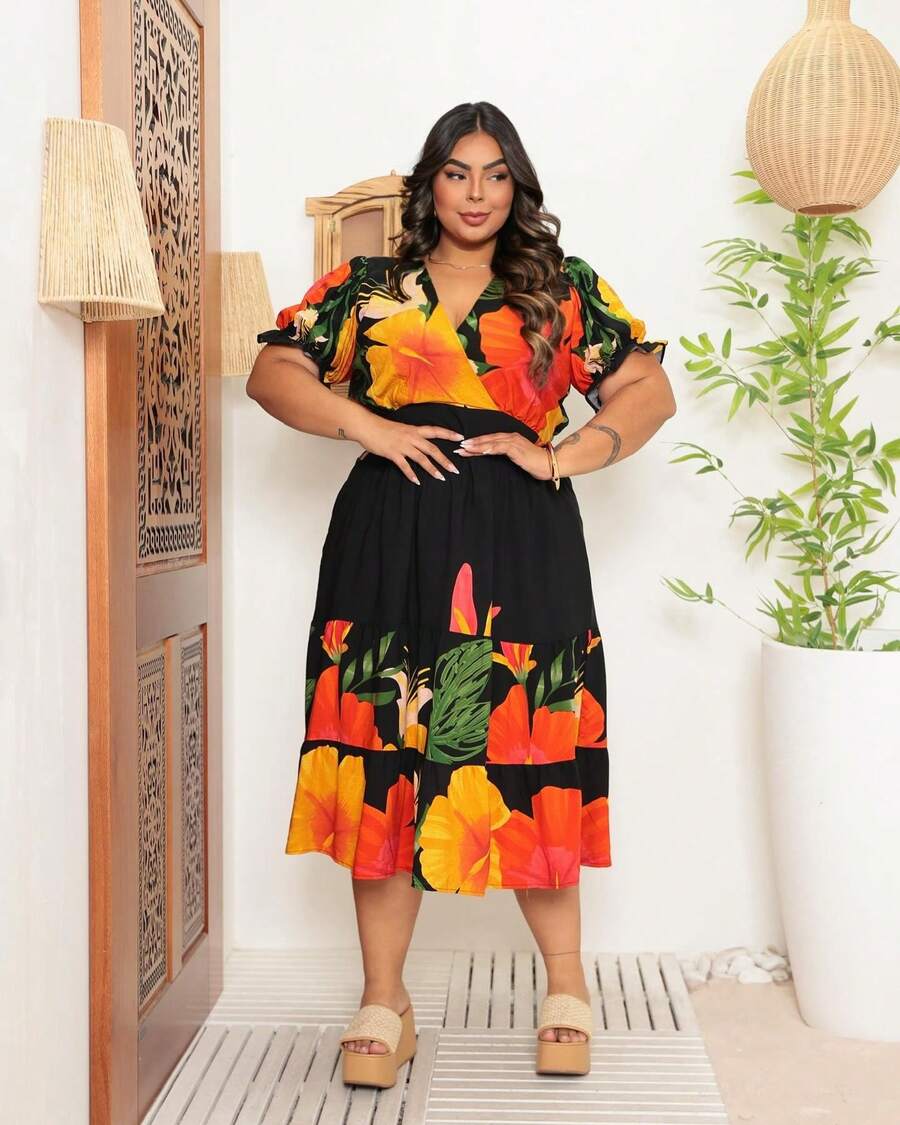 Plus Size Midi Dress Tropical Print Summer - màu đen - Xem 1