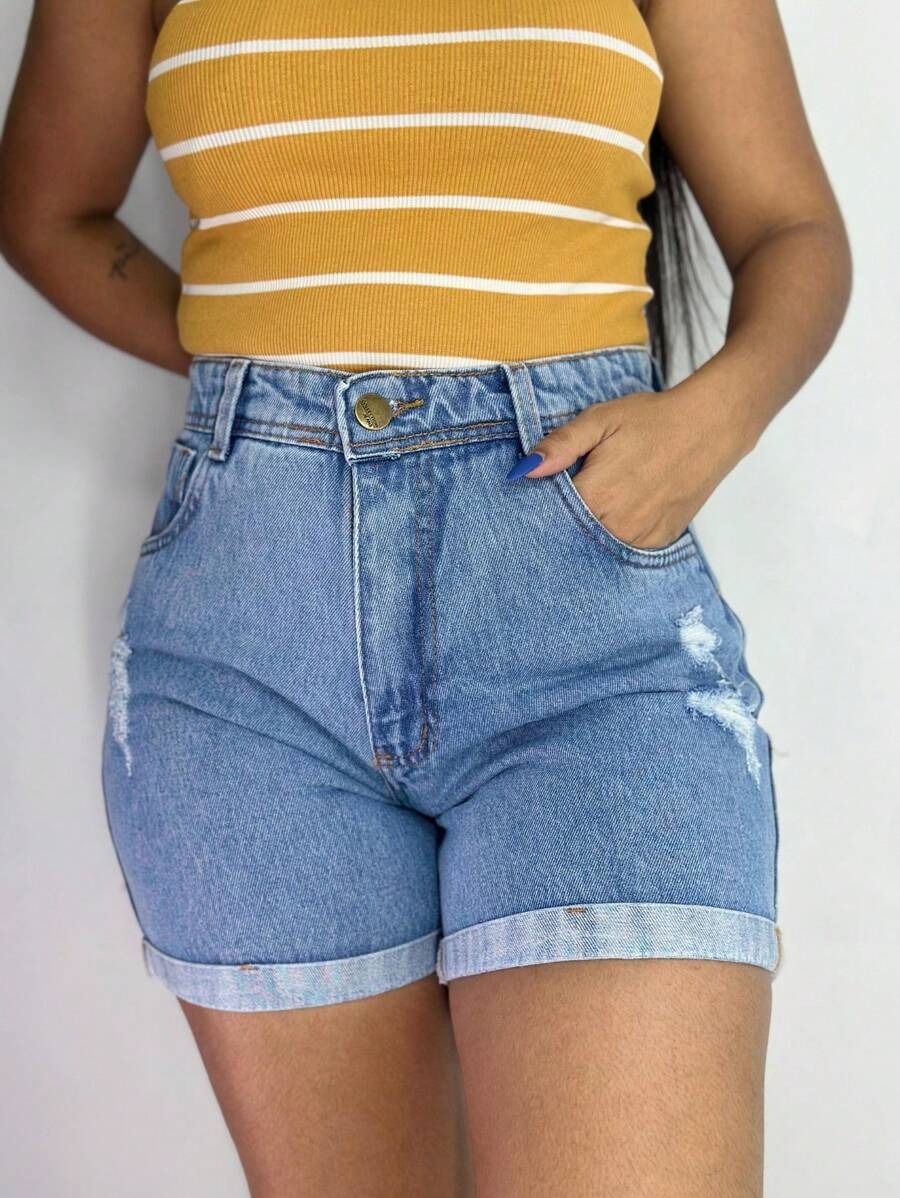 Short Mom Jeans, Plain And With Details - Medium Wash - View 1