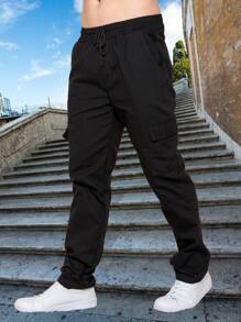 Men's Cargo Pants With 6 Pockets, Wide, Skate Pants, Drawstring Closure - Black - View 3