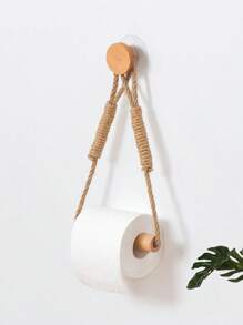 Rope Creative Paper Roll Holder, Suction Cup, Toilet Toilet Paper Storage Rack, Toilet Paper Rack, Hygiene No-Drill Solid Wood Hook - Brown - View 6