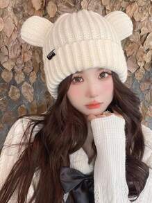 Cappello lavorato a maglia a forma di orsetto, stile 2024, spesso e caldo, antivento, cartone animato, carino, casual, in poliestere, con design a lettere e animali, adatto per l'autunno e l'inverno, Ognissanti - cappello - Visualizzare 1