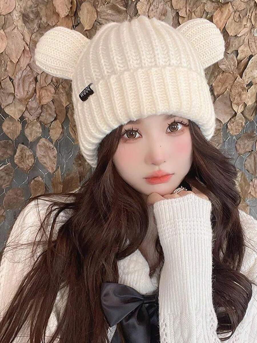 Cappello lavorato a maglia a forma di orsetto, stile 2024, spesso e caldo, antivento, cartone animato, carino, casual, in poliestere, con design a lettere e animali, adatto per l'autunno e l'inverno, Ognissanti - cappello - Visualizzare 1