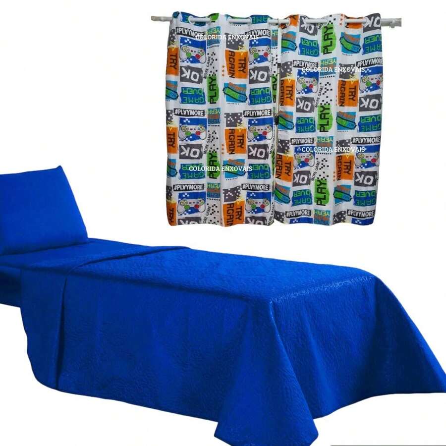 4-Piece Single-Piece Kit With Bedspread + Sheet Set + Curtain - Xanh đậm - Xem 1