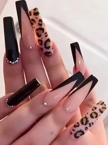 24Pcs French Long Ballet Design Rhinestone Studded Leopard Print False Nails, Full Coverage Reusable Manicure Set For Party, Banquet, Daily Wear Press On Nails Nail Supplies Nails - Multicolor - View 8