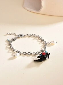 1pc Platinum Plated Freshwater Pearl Bat Glass Women Bracelet - Black and White - View 2