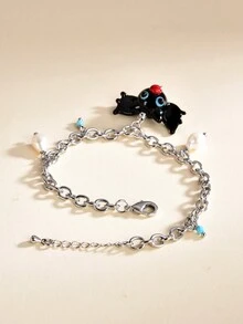 1pc Platinum Plated Freshwater Pearl Bat Glass Women Bracelet - Black and White - View 3