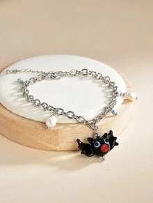 1pc Platinum Plated Freshwater Pearl Bat Glass Women Bracelet - Black and White - View 1