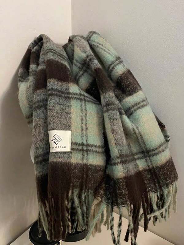 1pc Mint Green Plaid Scarf, Warm Faux Cashmere Blend Scarf, British Style Winter Accessory