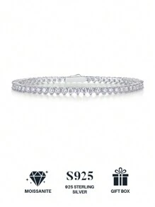 Moissanite Tennis Bracelet, 925 Sterling Silver & 18k Gold Plated, For Women And Men, Tennis Bracelet, Hip Hop, Personality, Couple Style, Hot Selling, Luxury, Valentine'S Day, Mother'S Day, Wedding Gifts, Anniversary Gifts, Birthday Gifts - Silver - View 2
