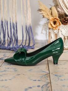 秋冬女士高跟鞋，粗跟时尚鞋，蝴蝶结尖头工作鞋，通勤鞋，黑色，四季皆宜，优雅，派对鞋 - 綠色 - 查看 5