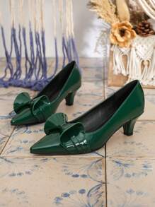 秋冬女士高跟鞋，粗跟时尚鞋，蝴蝶结尖头工作鞋，通勤鞋，黑色，四季皆宜，优雅，派对鞋 - 綠色 - 查看 4
