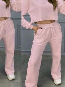 Women's Set: Palazzo Pants + Long Sleeve Crop Top In Fleece | Trend, Elegance And Modernity - Màu Hồng baby - Xem 2