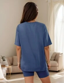 Women's 2-Piece Fashion Two-Piece Casual Pajamas Suit Oversized Shirt Motorcycle Shorts Pajamas Suit - Màu xanh lam - Xem 2