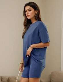 Women's 2-Piece Fashion Two-Piece Casual Pajamas Suit Oversized Shirt Motorcycle Shorts Pajamas Suit - Màu xanh lam - Xem 3