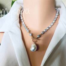 MYSOYA 100% Handmade Natural Gray Rice Shape Freshwater Baroque Pearl Pendant Necklace, 6-8mm Pearl, Gift Box Included, Unisex Jewelry, Gift For Him/Her, Suitable For Daily/Party/Birthday/Anniversary/Valentine's Day//New Year - Necklace - View 3