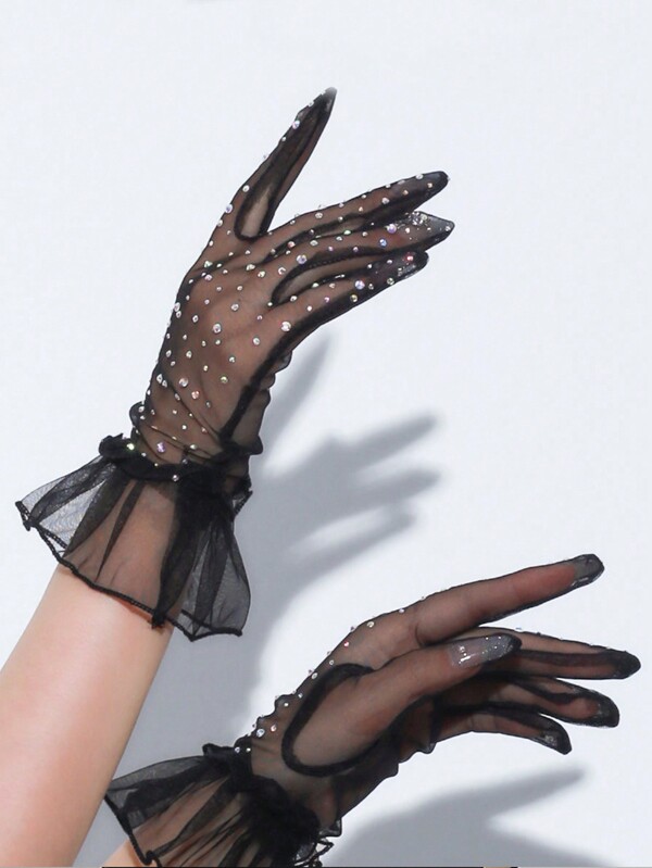 1 Paar glänzende, elegante, leichte und atmungsaktive, bedruckte dünne Chiffon Handschuhe aus Polyester mit Strass, geeignet für Erwachsene, Hochzeit, Festival, Party, Ganzjahresmode, Halloween, Valentinstag