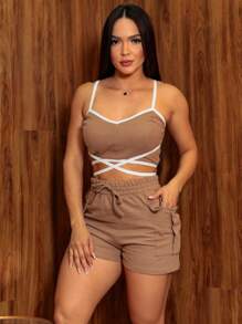 Cargo Short Set, Strappy Crop Top, Crossover X Summer - Màu nâu  Mocha - Xem 1