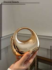 1pc Fashion Acrylic Mini Silver/Gold Handbag, Metallic Shiny Moon Shaped Clutch Purse With Metal Chain For Cosmetics And Jewelry, Stylish Gift For Women