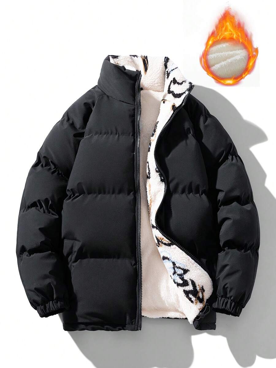 Men's Loose Stand-Up Collar Drawstring Hem Cashmere Long Sleeve Warm Zipper Thick Coat - Black - View 1