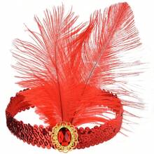1 Băng đô lông vũ thập niên 1920 dành cho nữ, Mũ đội đầu bằng lông vũ sequin polyester thanh lịch cho tiệc hóa trang, Phụ kiện trang phục cổ điển - Đỏ - Xem 1