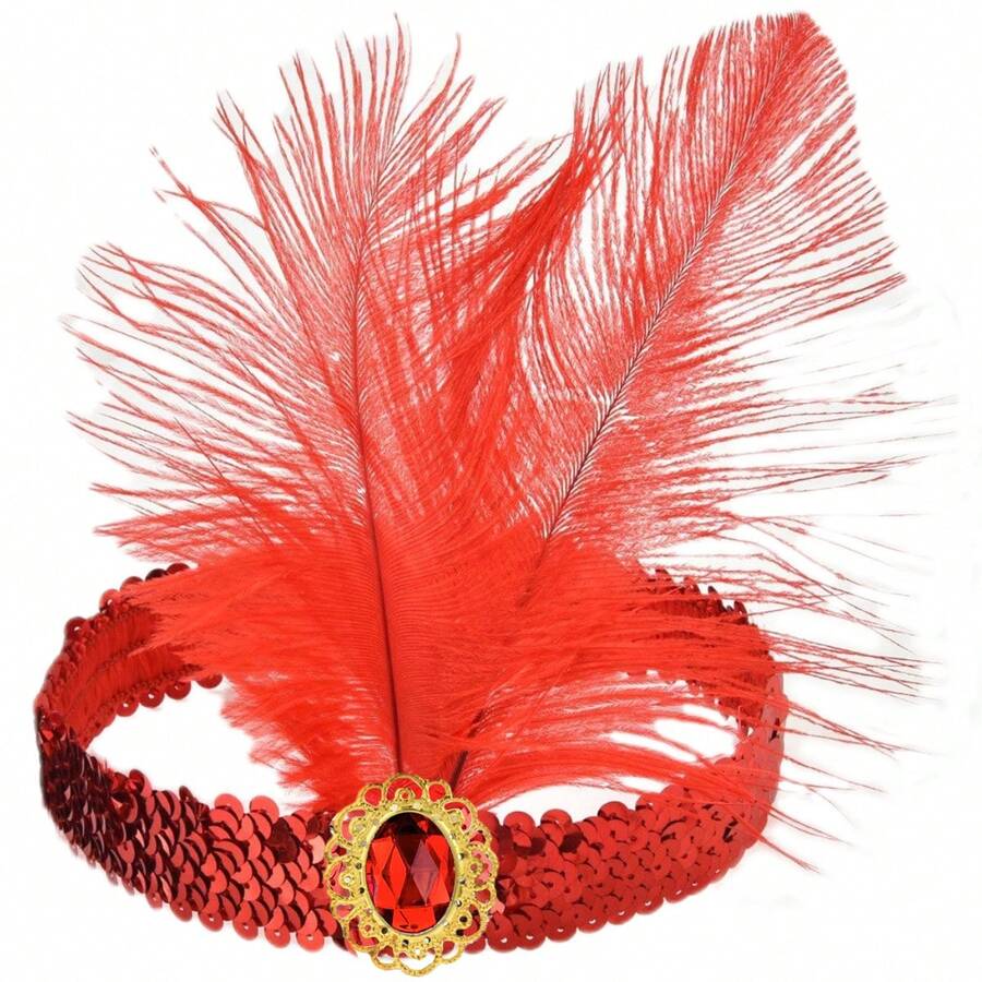 1 Băng đô lông vũ thập niên 1920 dành cho nữ, Mũ đội đầu bằng lông vũ sequin polyester thanh lịch cho tiệc hóa trang, Phụ kiện trang phục cổ điển - Đỏ - Xem 1