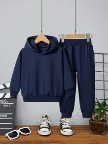 Young Boy Hooded Sweatshirt And Pants Set, Solid Color, Autumn And Winter, 2pcs - Navy Blue - View 1